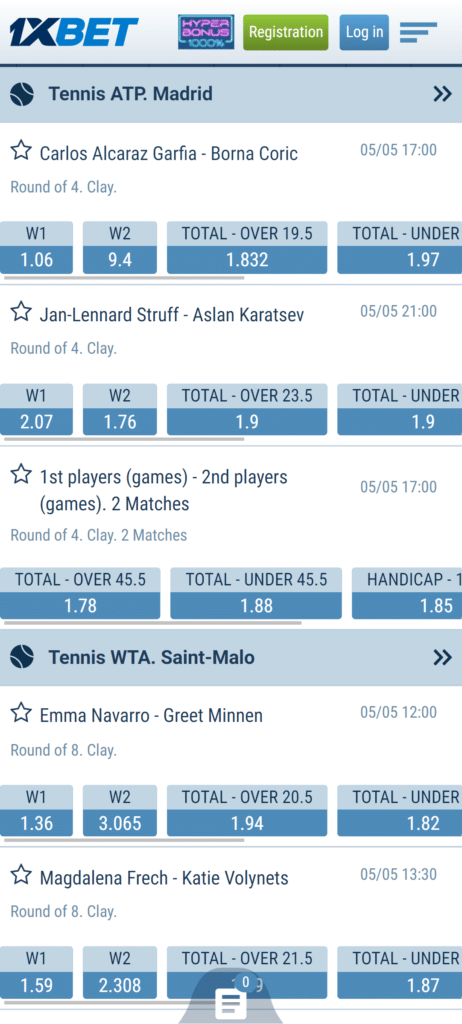 1xbet tennis betting