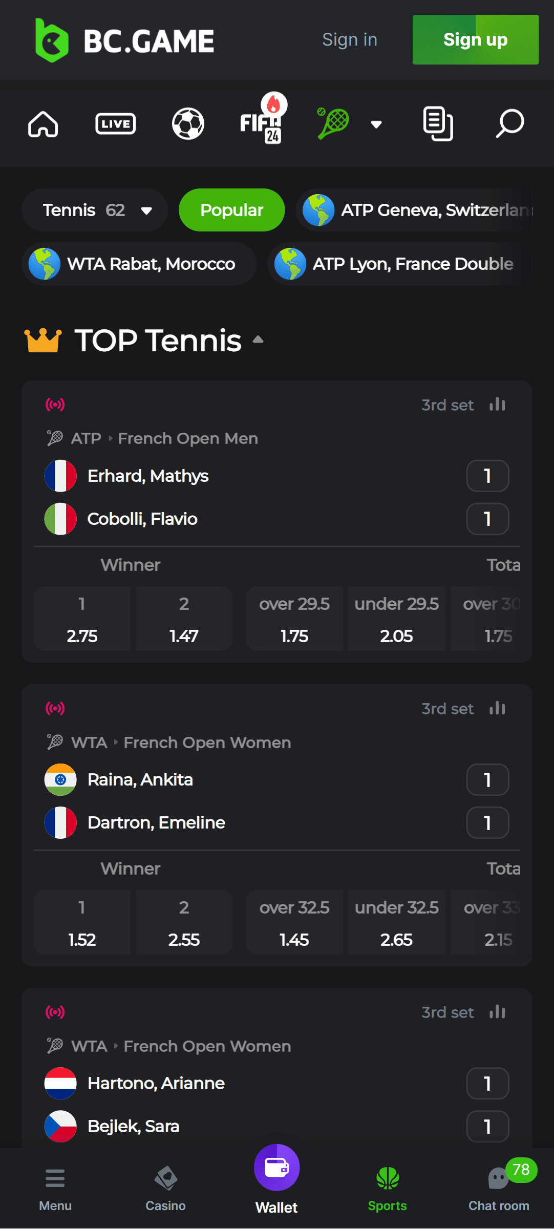 tennis betting